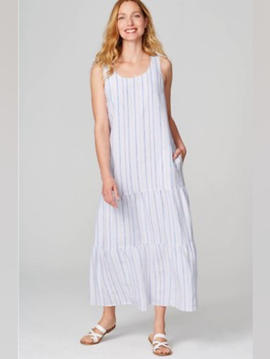 J. Jill Love Linen Sleeveless Tiered Maxi Dress Size Small White & Blue Stripes